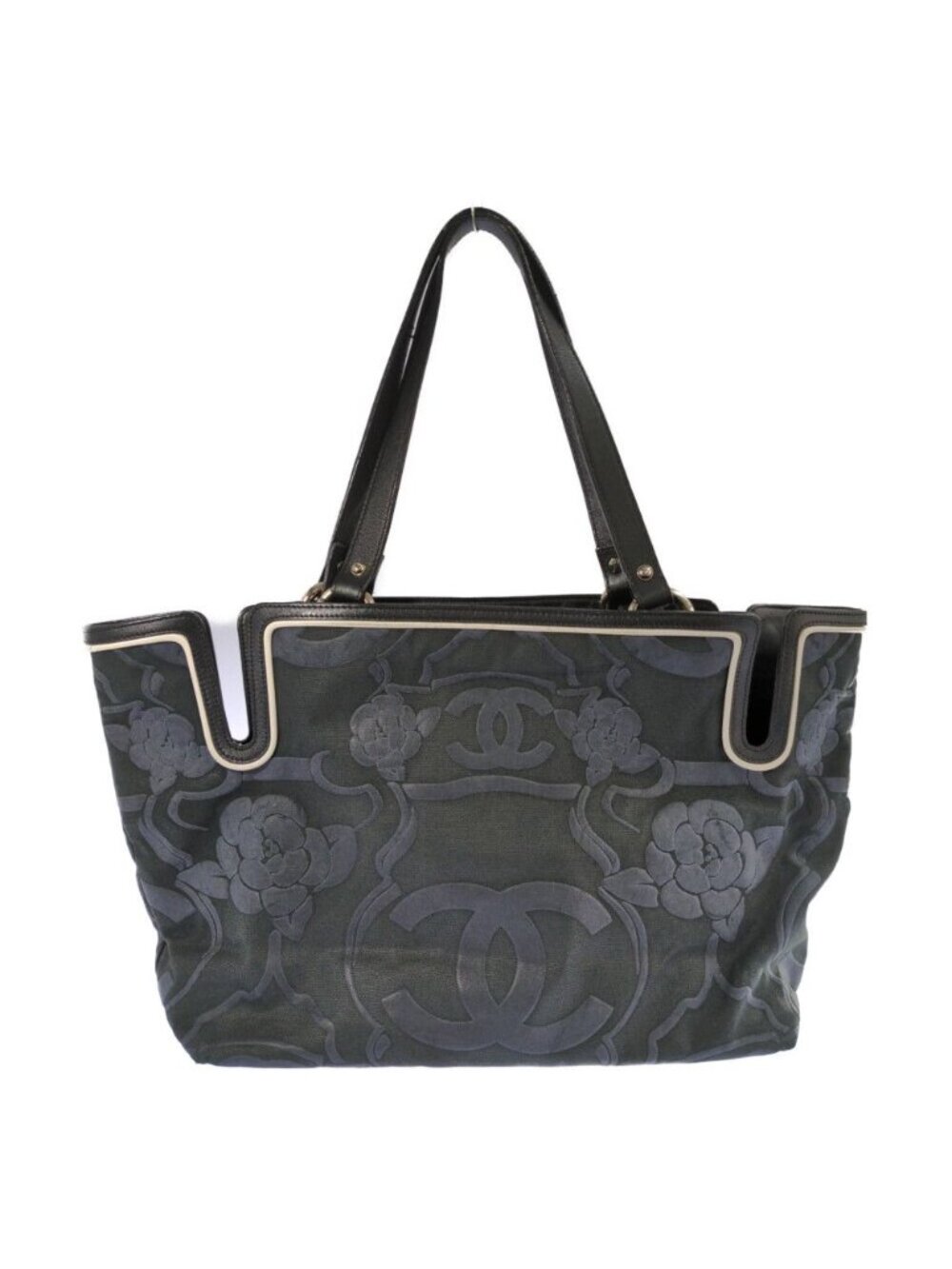 Chanel Camellia Locky Canvas Tote CC Logo Black Vintage a - Picture 3 of 10